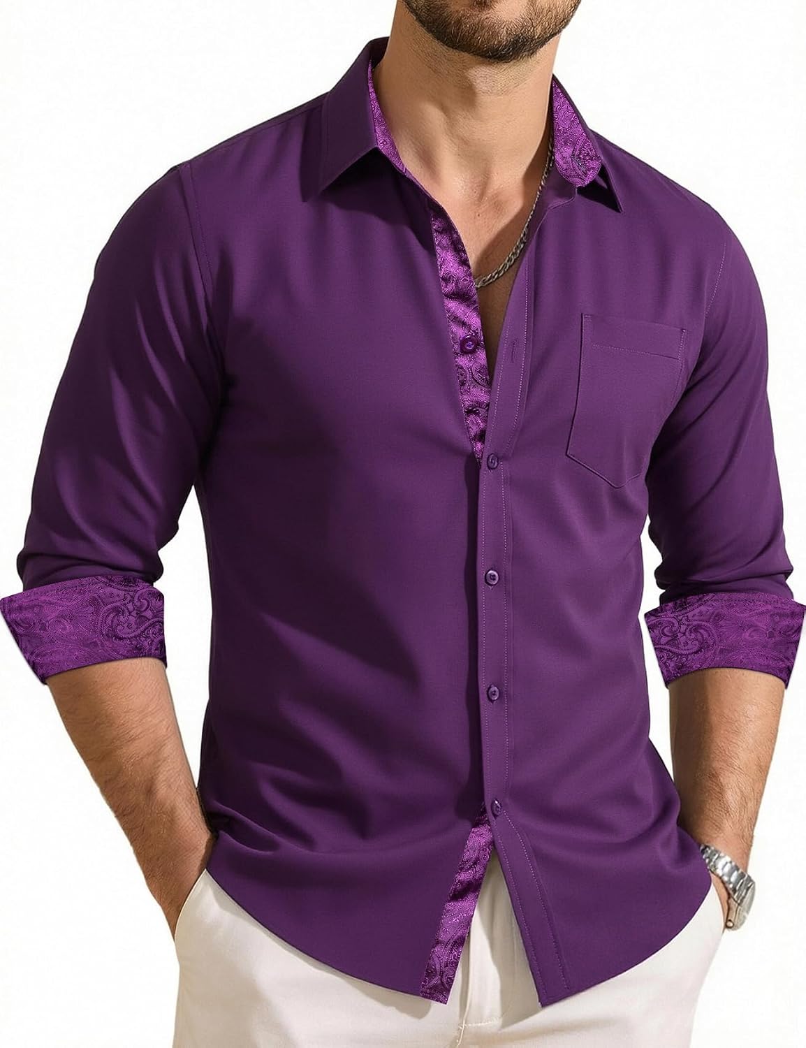 Men's Dress Shirts Checkered Paisley Collar Cuff Contrast Button Down Long Sleeve Formal Casual Shirt Western