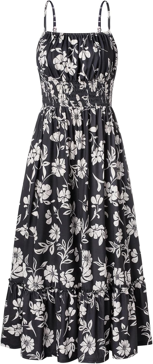 Summer Dresses for Women 2026 Vacation,Smocked Floral Maxi Dress,Boho Beach Sundress with Pocket Fashion Clothing