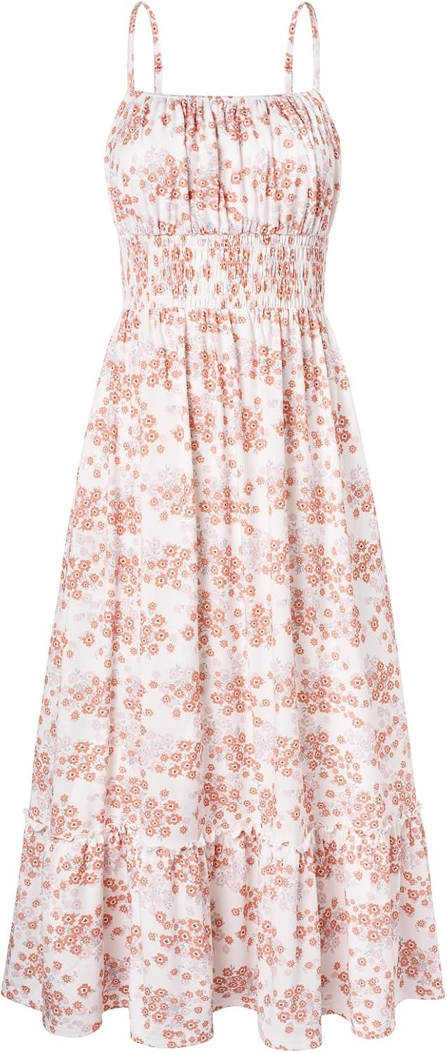 Summer Dresses for Women 2026 Vacation,Smocked Floral Maxi Dress,Boho Beach Sundress with Pocket Fashion Clothing