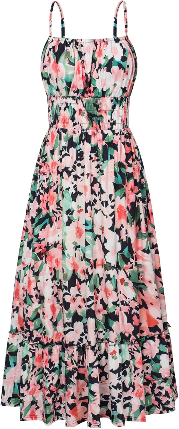 Summer Dresses for Women 2026 Vacation,Smocked Floral Maxi Dress,Boho Beach Sundress with Pocket Fashion Clothing