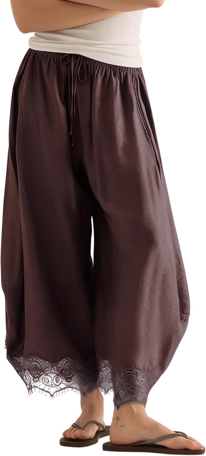 Womens Cropped Lace Hem Pants Casual Drawstring Waist Summer Wide Leg Pants Beach Trousers with Pockets