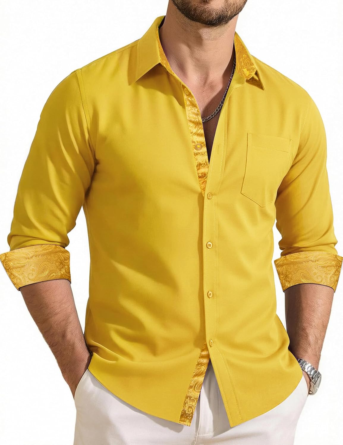 Men's Dress Shirts Checkered Paisley Collar Cuff Contrast Button Down Long Sleeve Formal Casual Shirt Western