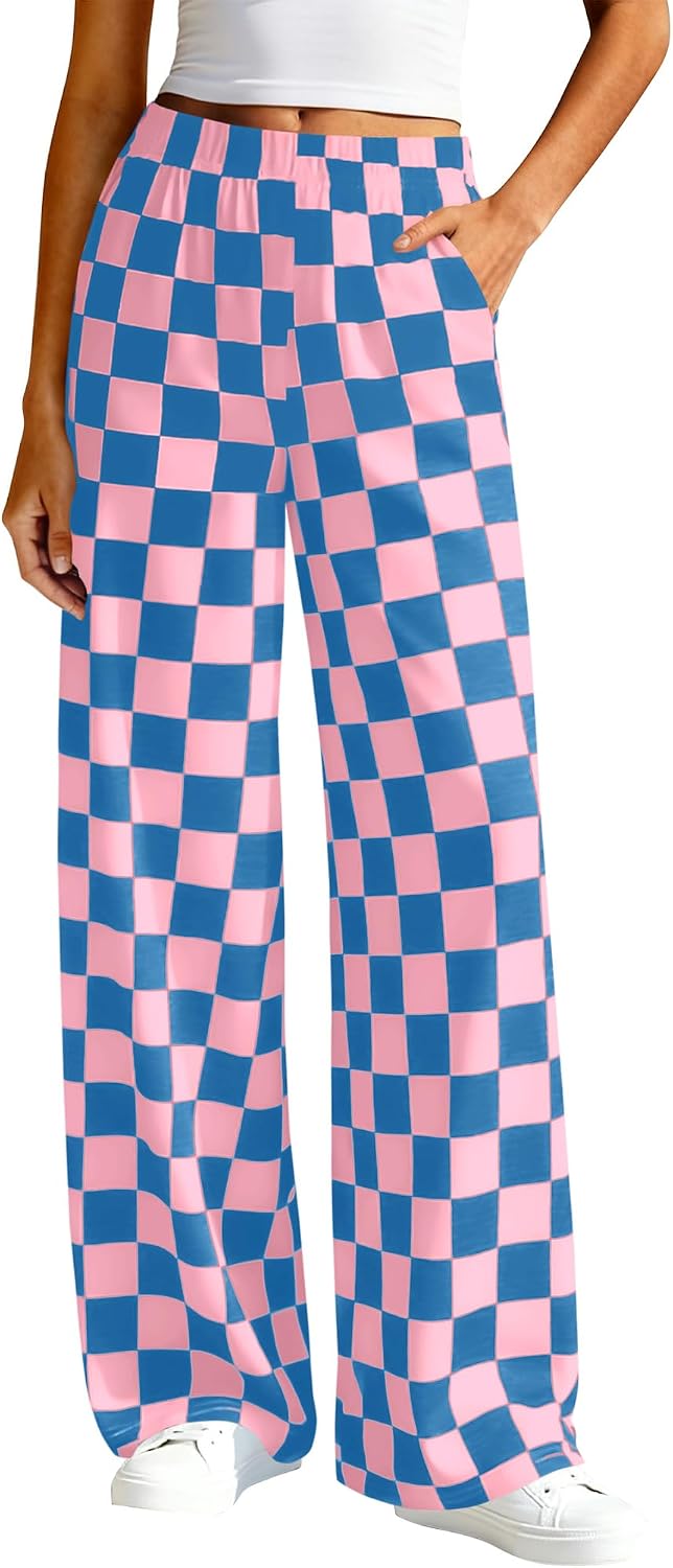 Womens Checkered Palazzo Pants Wide Leg High Waisted Pockets Gingham Casual Lounge Pajama Trousers Summer Outfits