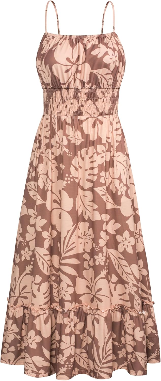 Summer Dresses for Women 2026 Vacation,Smocked Floral Maxi Dress,Boho Beach Sundress with Pocket Fashion Clothing