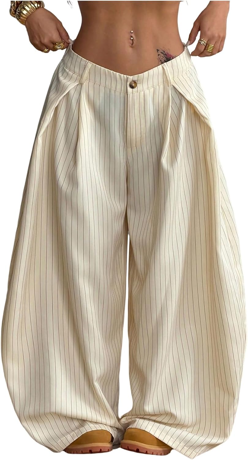 Women's Barrel Pleated Oversized Wide Leg Cargo Pants | Low Rise Baggy Fit, Business Casual Outfits, Spring Fall, Drop Waist Trousers