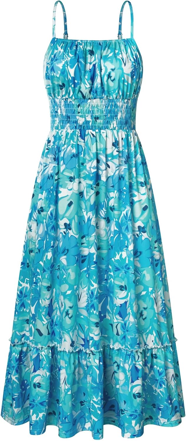 Summer Dresses for Women 2026 Vacation,Smocked Floral Maxi Dress,Boho Beach Sundress with Pocket Fashion Clothing