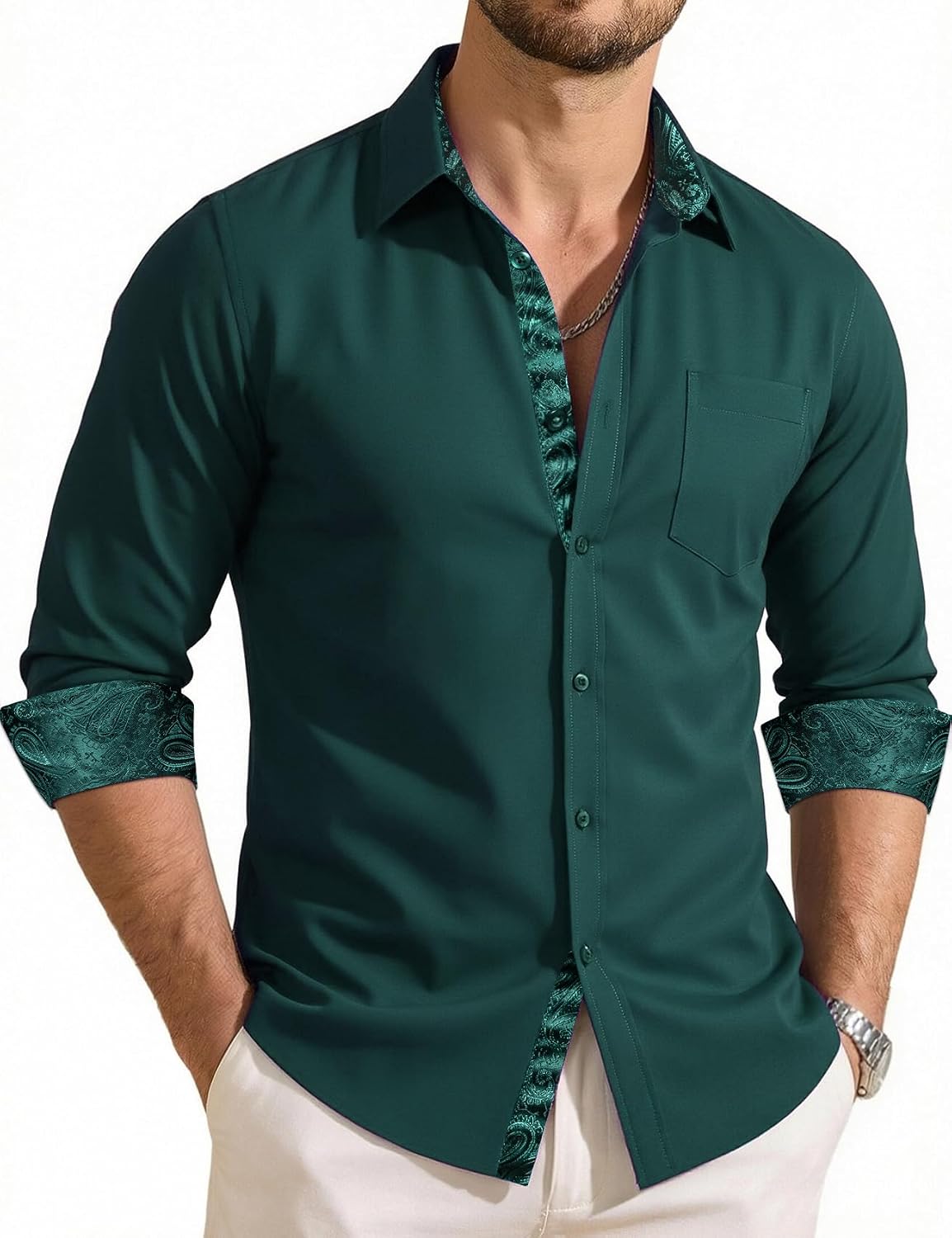 Men's Dress Shirts Checkered Paisley Collar Cuff Contrast Button Down Long Sleeve Formal Casual Shirt Western