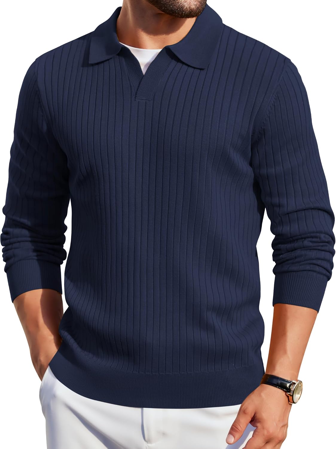 Mens Knit Polos Long Sleeve Casual Sweater Polos V Neck Collared Sweater Golf Polo Sweaters and Pullovers