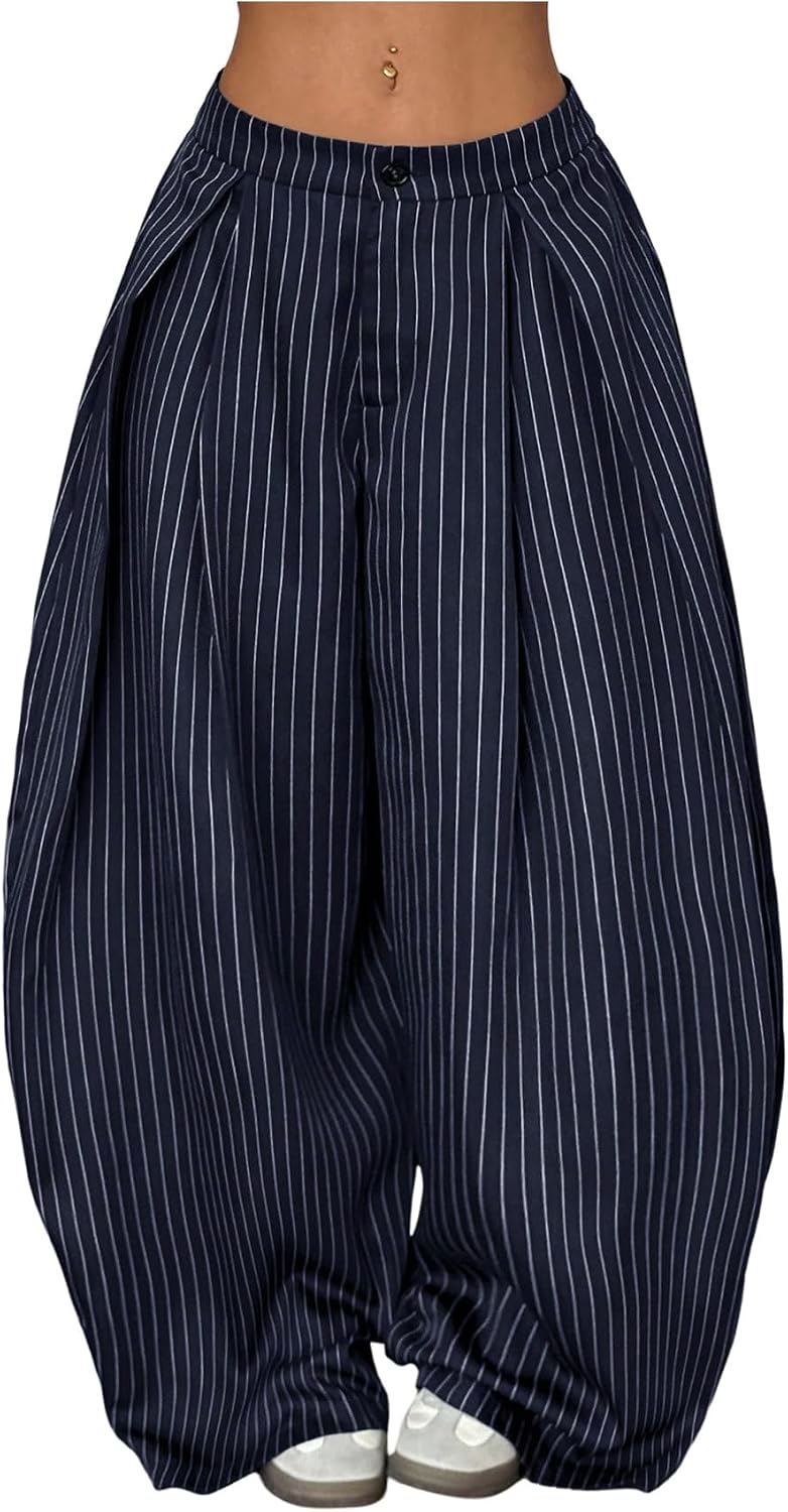 Women's Barrel Pleated Oversized Wide Leg Cargo Pants | Low Rise Baggy Fit, Business Casual Outfits, Spring Fall, Drop Waist Trousers