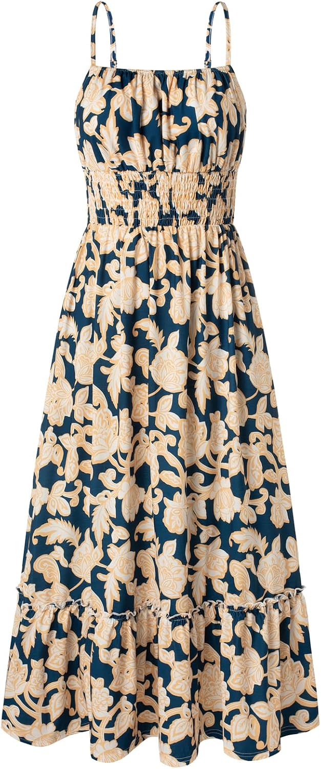 Summer Dresses for Women 2026 Vacation,Smocked Floral Maxi Dress,Boho Beach Sundress with Pocket Fashion Clothing