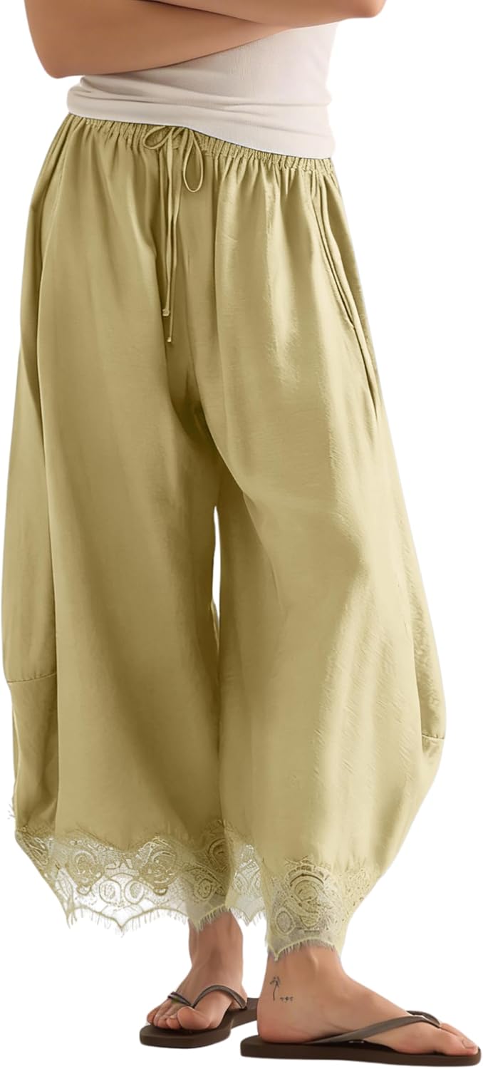 Womens Cropped Lace Hem Pants Casual Drawstring Waist Summer Wide Leg Pants Beach Trousers with Pockets