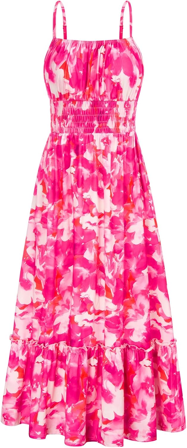 Summer Dresses for Women 2026 Vacation,Smocked Floral Maxi Dress,Boho Beach Sundress with Pocket Fashion Clothing