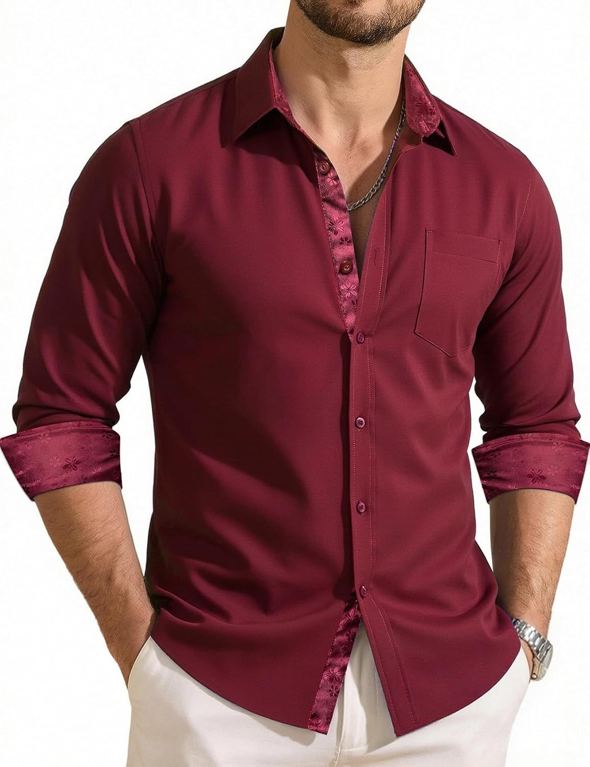 Men's Dress Shirts Checkered Paisley Collar Cuff Contrast Button Down Long Sleeve Formal Casual Shirt Western