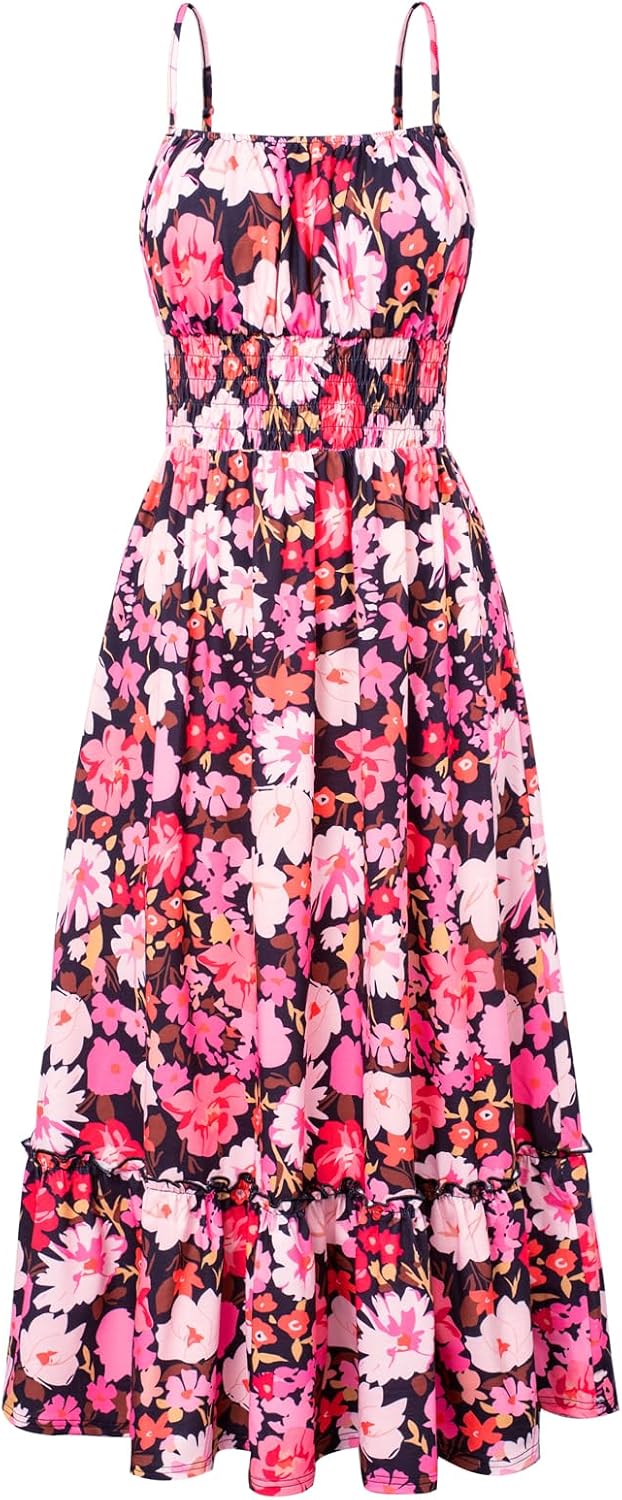 Summer Dresses for Women 2026 Vacation,Smocked Floral Maxi Dress,Boho Beach Sundress with Pocket Fashion Clothing