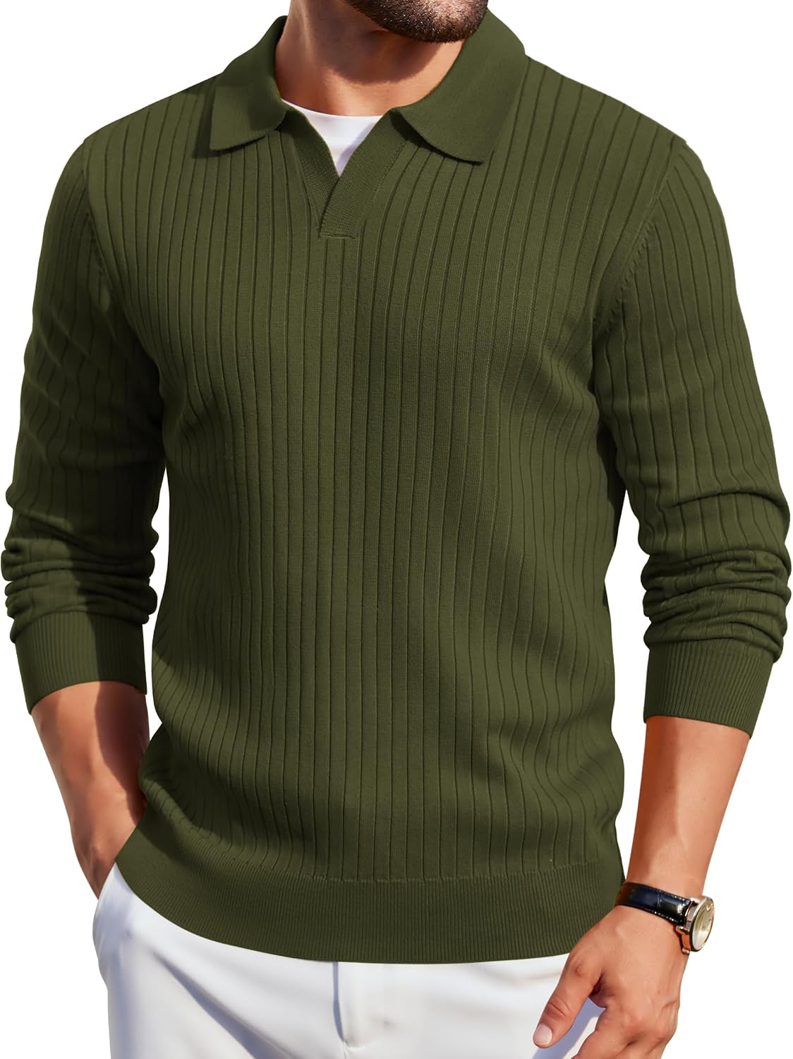 Mens Knit Polos Long Sleeve Casual Sweater Polos V Neck Collared Sweater Golf Polo Sweaters and Pullovers
