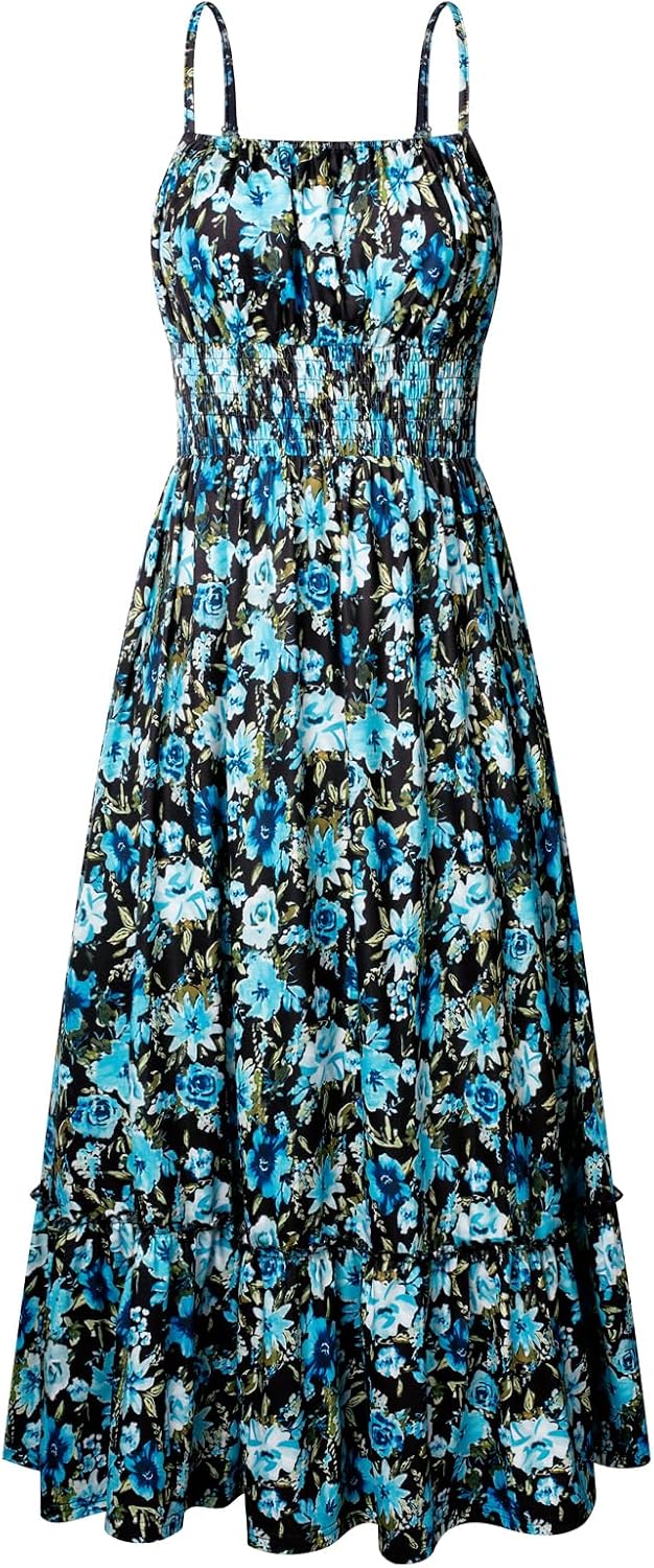 Summer Dresses for Women 2026 Vacation,Smocked Floral Maxi Dress,Boho Beach Sundress with Pocket Fashion Clothing