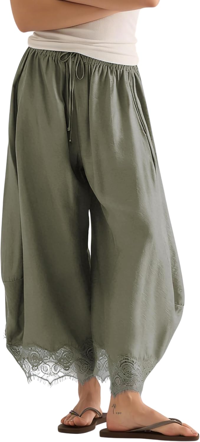 Womens Cropped Lace Hem Pants Casual Drawstring Waist Summer Wide Leg Pants Beach Trousers with Pockets