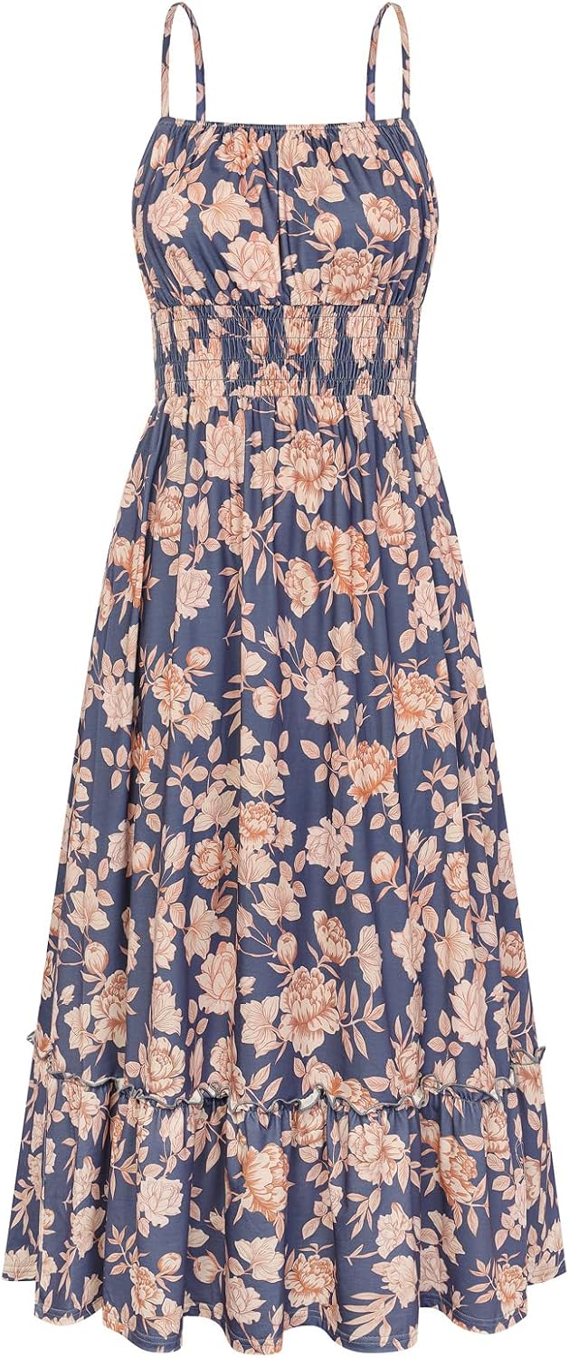 Summer Dresses for Women 2026 Vacation,Smocked Floral Maxi Dress,Boho Beach Sundress with Pocket Fashion Clothing