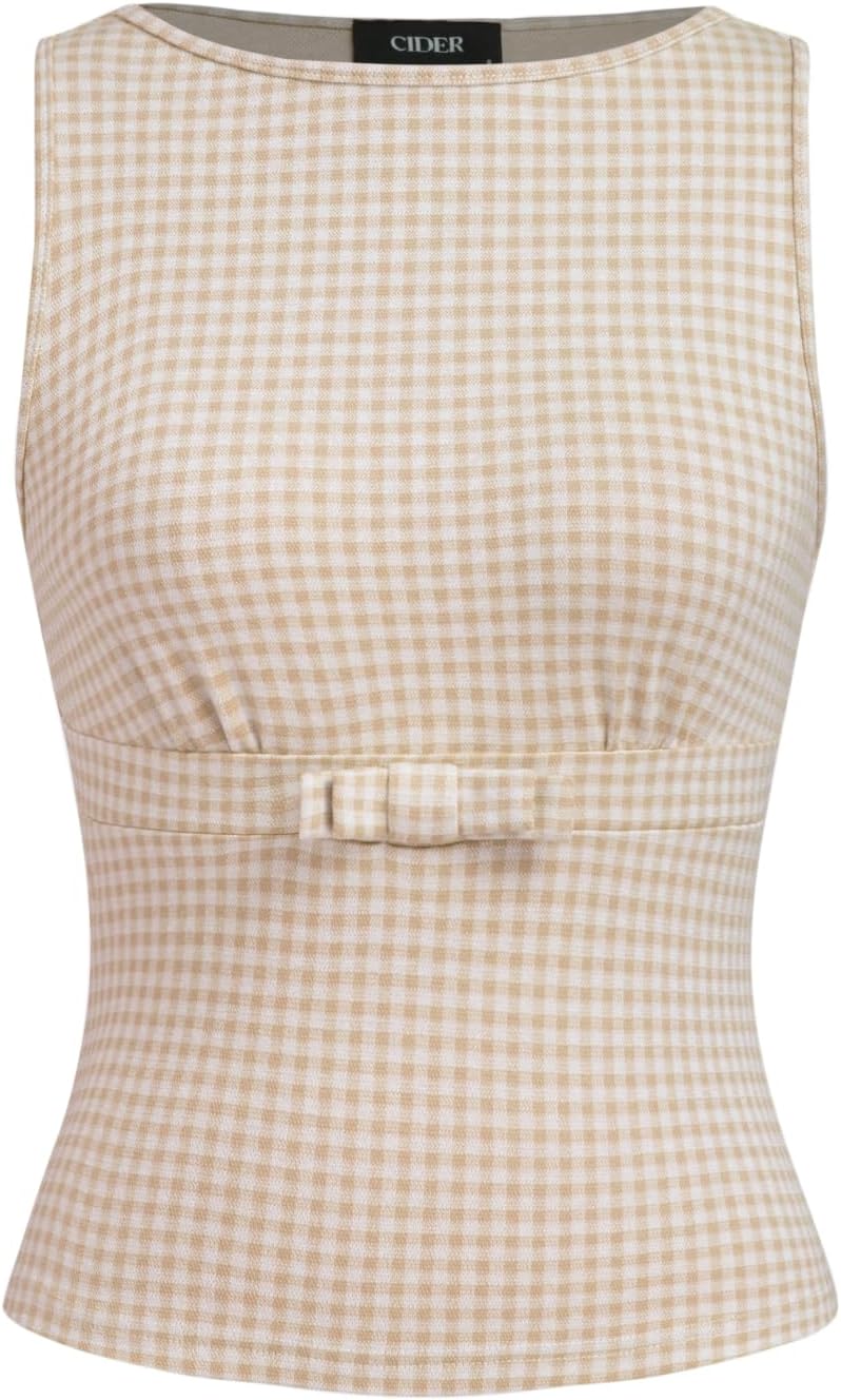 Gingham Tops for Women Plaid Going Out Tops Sleeveless Cute Tank Bow Summer Shirt