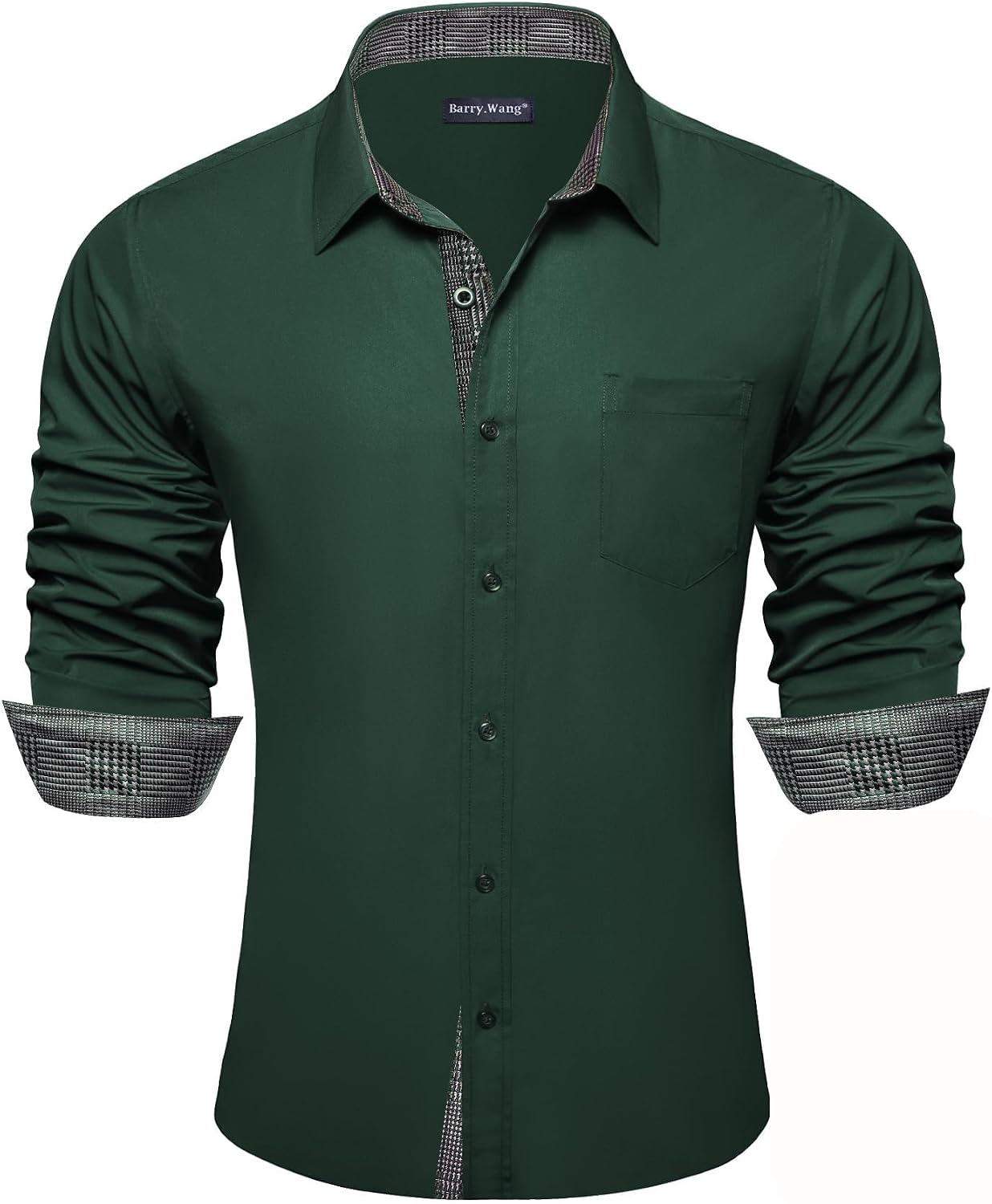 Men's Dress Shirts Checkered Paisley Collar Cuff Contrast Button Down Long Sleeve Formal Casual Shirt Western