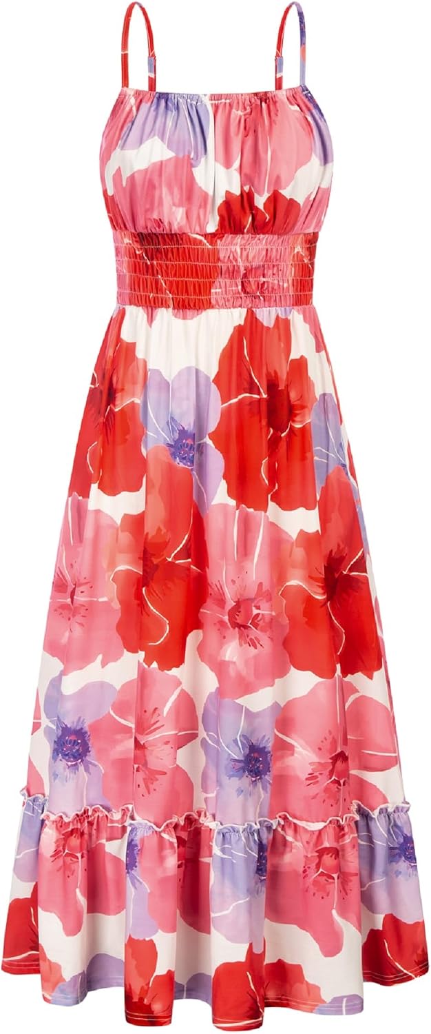 Summer Dresses for Women 2026 Vacation,Smocked Floral Maxi Dress,Boho Beach Sundress with Pocket Fashion Clothing
