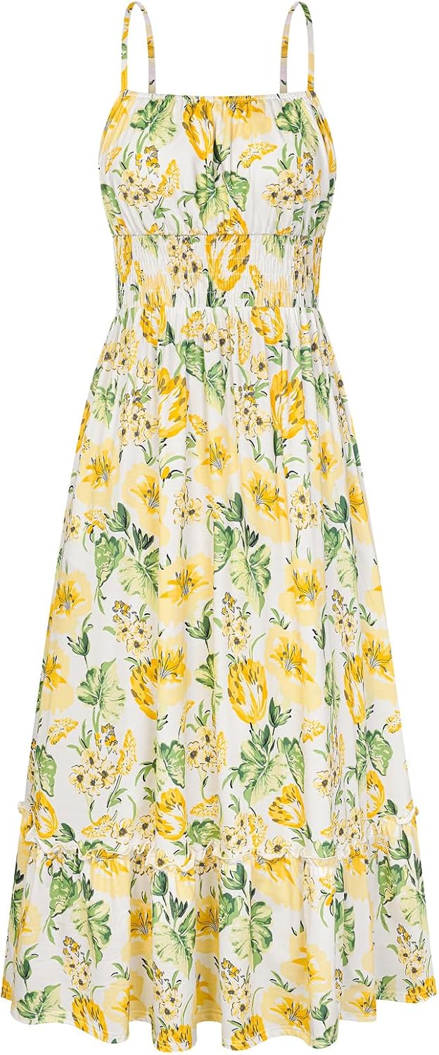 Summer Dresses for Women 2026 Vacation,Smocked Floral Maxi Dress,Boho Beach Sundress with Pocket Fashion Clothing