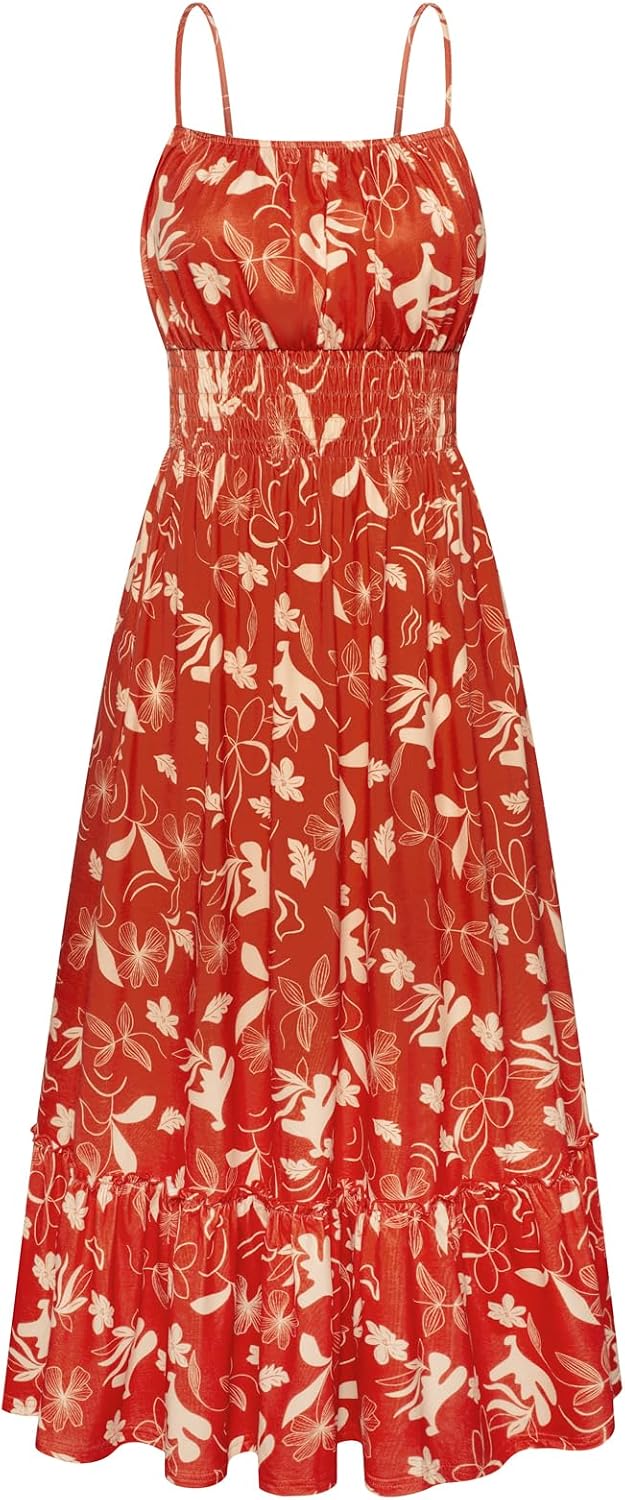 Summer Dresses for Women 2026 Vacation,Smocked Floral Maxi Dress,Boho Beach Sundress with Pocket Fashion Clothing
