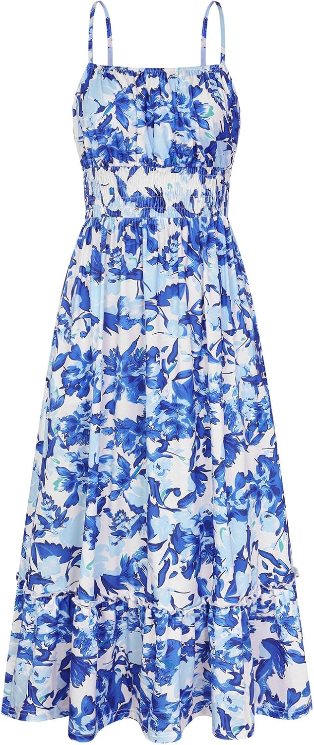 Summer Dresses for Women 2026 Vacation,Smocked Floral Maxi Dress,Boho Beach Sundress with Pocket Fashion Clothing
