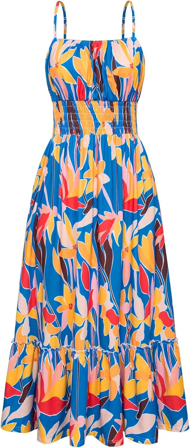 Summer Dresses for Women 2026 Vacation,Smocked Floral Maxi Dress,Boho Beach Sundress with Pocket Fashion Clothing