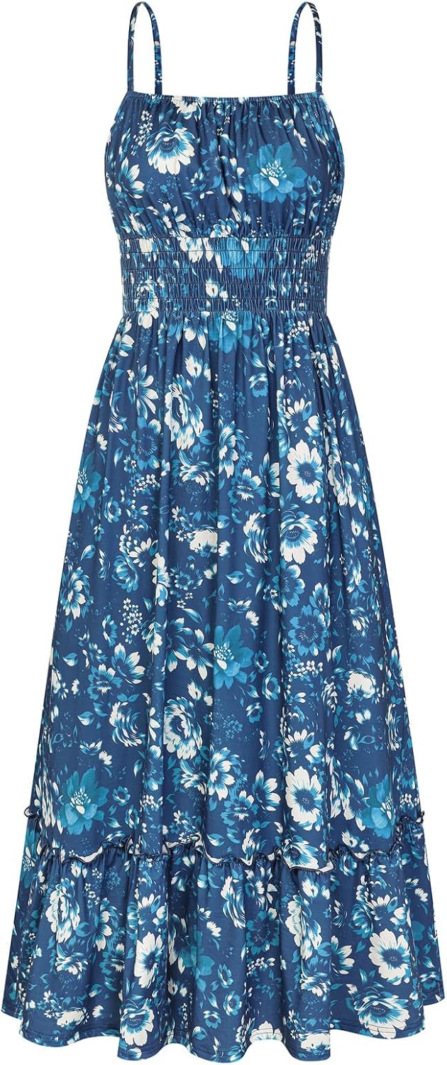 Summer Dresses for Women 2026 Vacation,Smocked Floral Maxi Dress,Boho Beach Sundress with Pocket Fashion Clothing