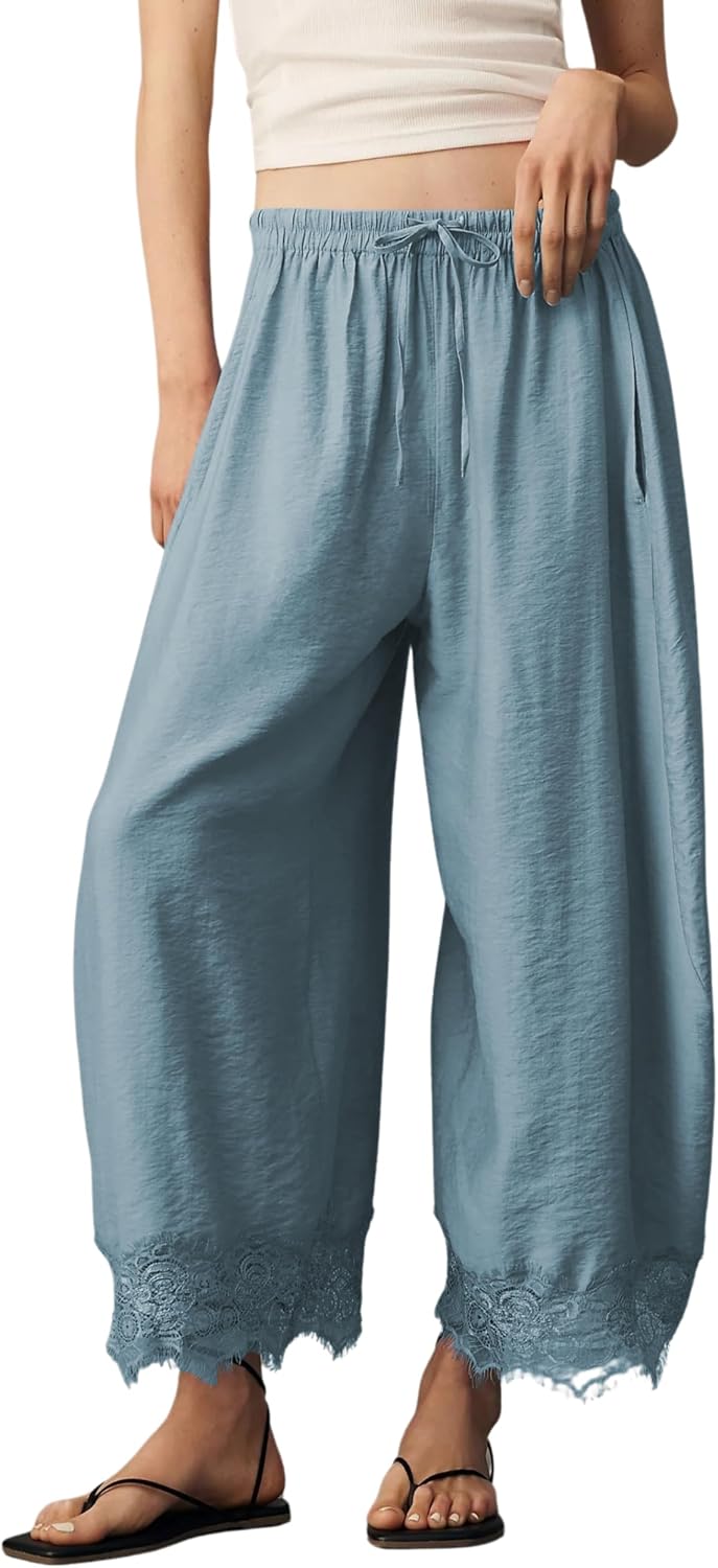 Womens Cropped Lace Hem Pants Casual Drawstring Waist Summer Wide Leg Pants Beach Trousers with Pockets