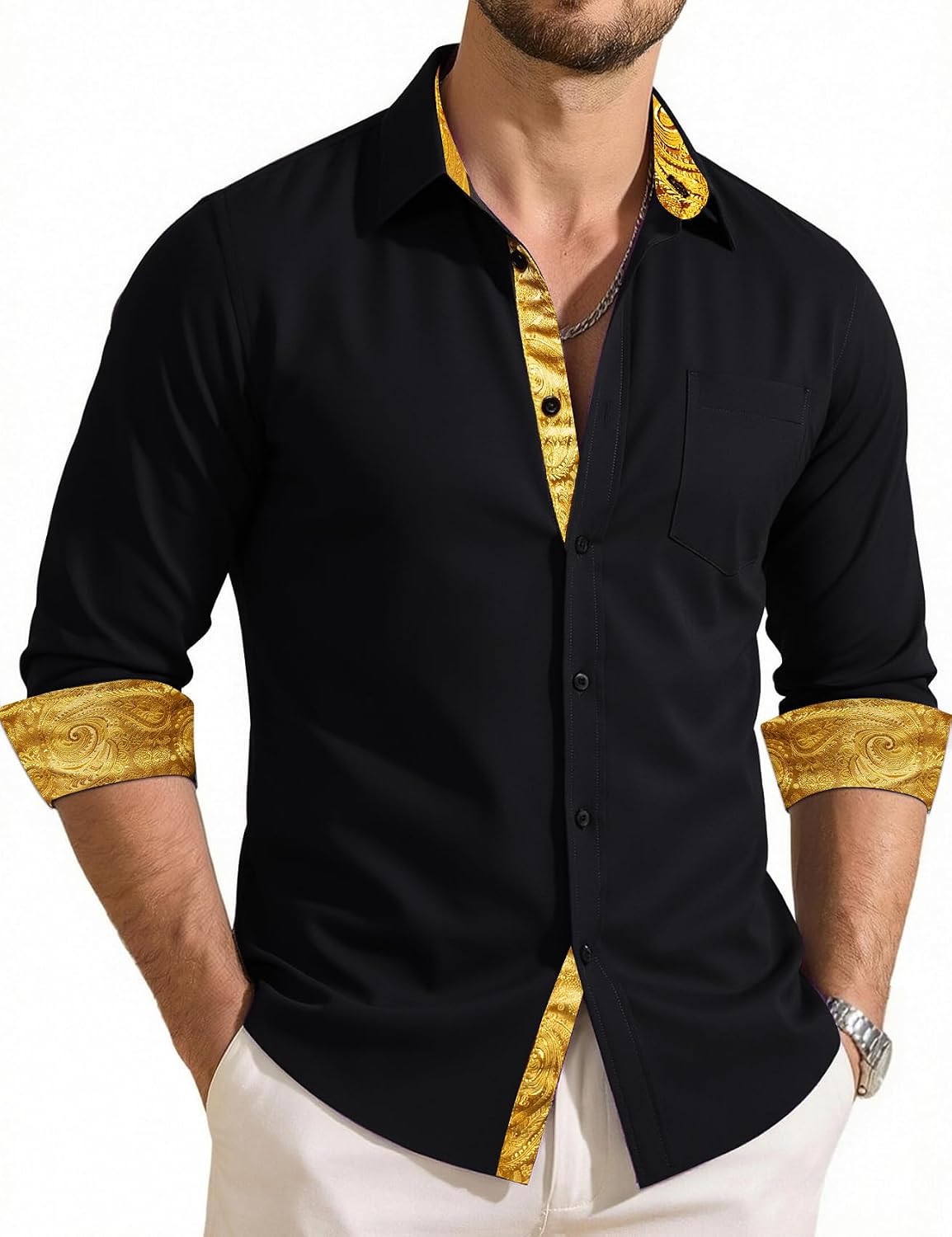 Men's Dress Shirts Checkered Paisley Collar Cuff Contrast Button Down Long Sleeve Formal Casual Shirt Western