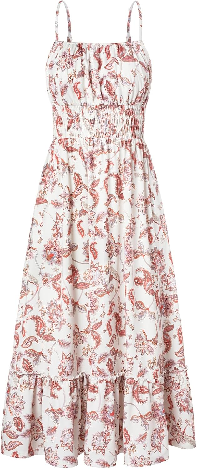 Summer Dresses for Women 2026 Vacation,Smocked Floral Maxi Dress,Boho Beach Sundress with Pocket Fashion Clothing