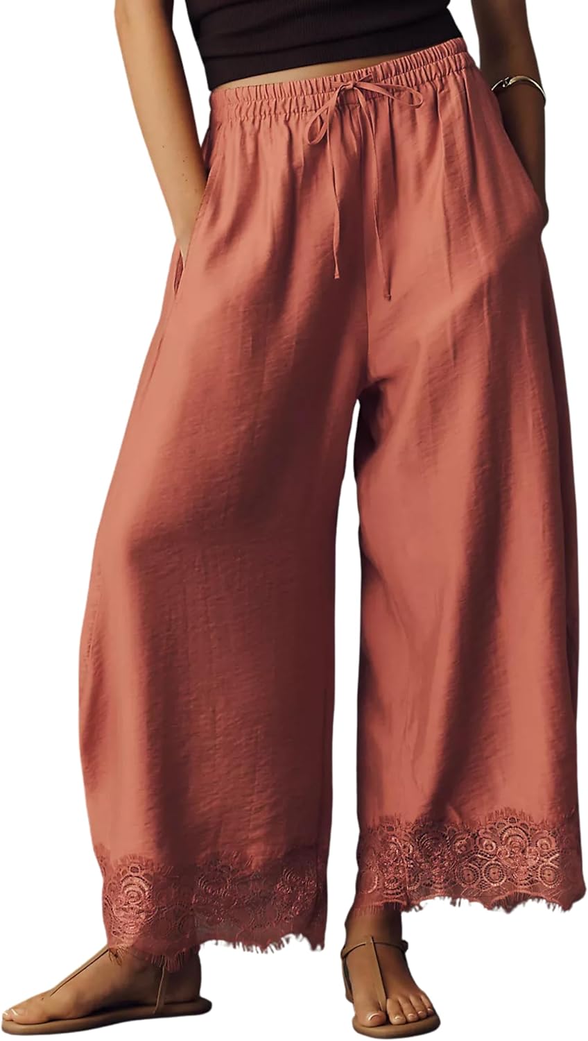Womens Cropped Lace Hem Pants Casual Drawstring Waist Summer Wide Leg Pants Beach Trousers with Pockets