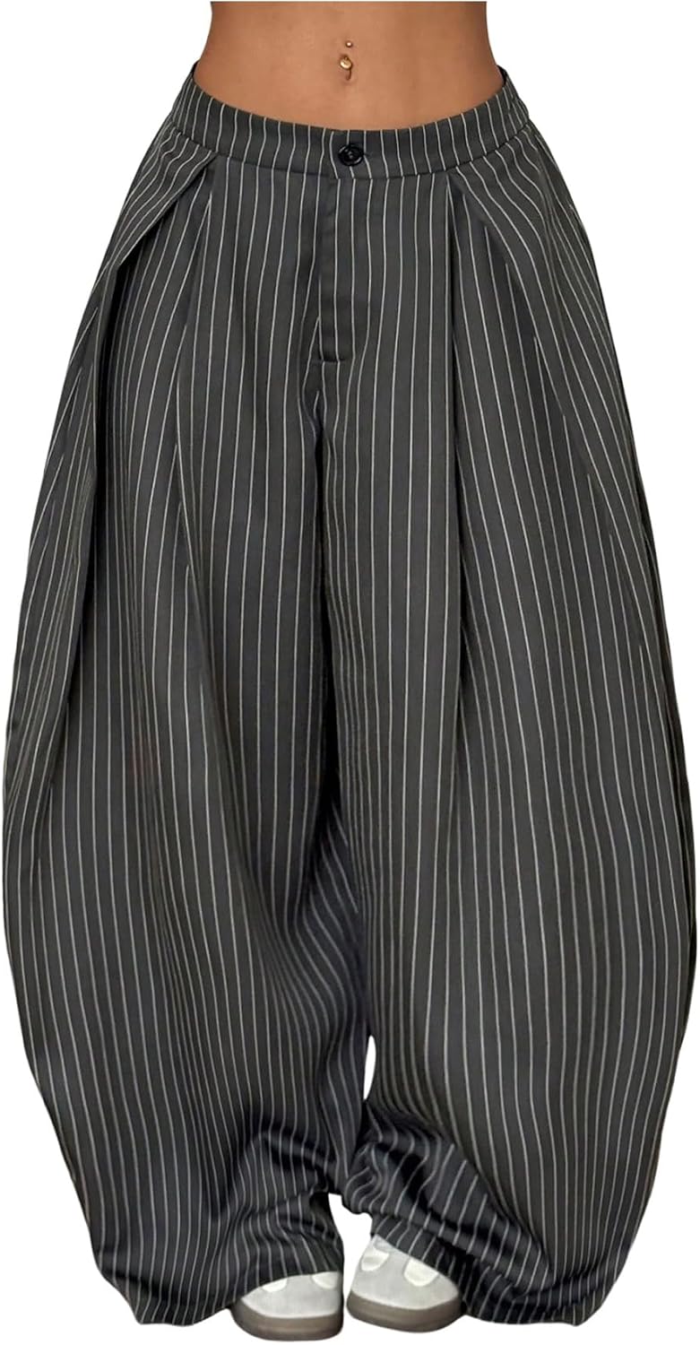 Women's Barrel Pleated Oversized Wide Leg Cargo Pants | Low Rise Baggy Fit, Business Casual Outfits, Spring Fall, Drop Waist Trousers