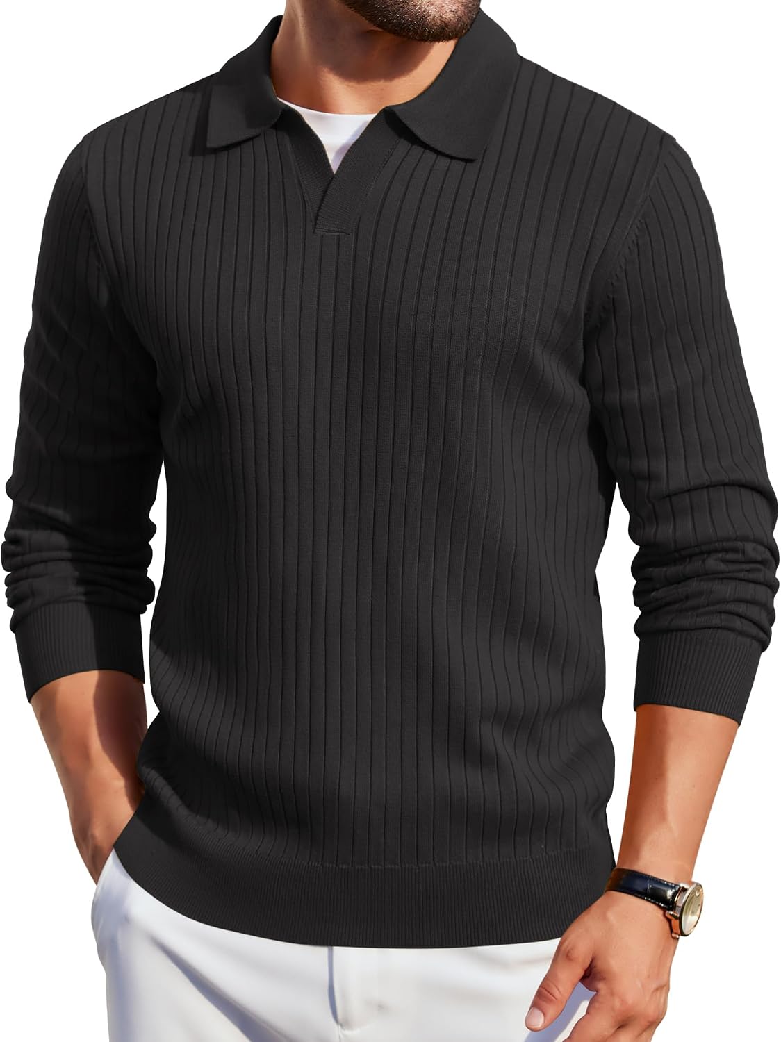 Mens Knit Polos Long Sleeve Casual Sweater Polos V Neck Collared Sweater Golf Polo Sweaters and Pullovers
