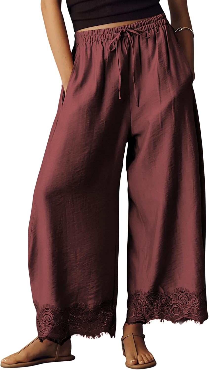Womens Cropped Lace Hem Pants Casual Drawstring Waist Summer Wide Leg Pants Beach Trousers with Pockets