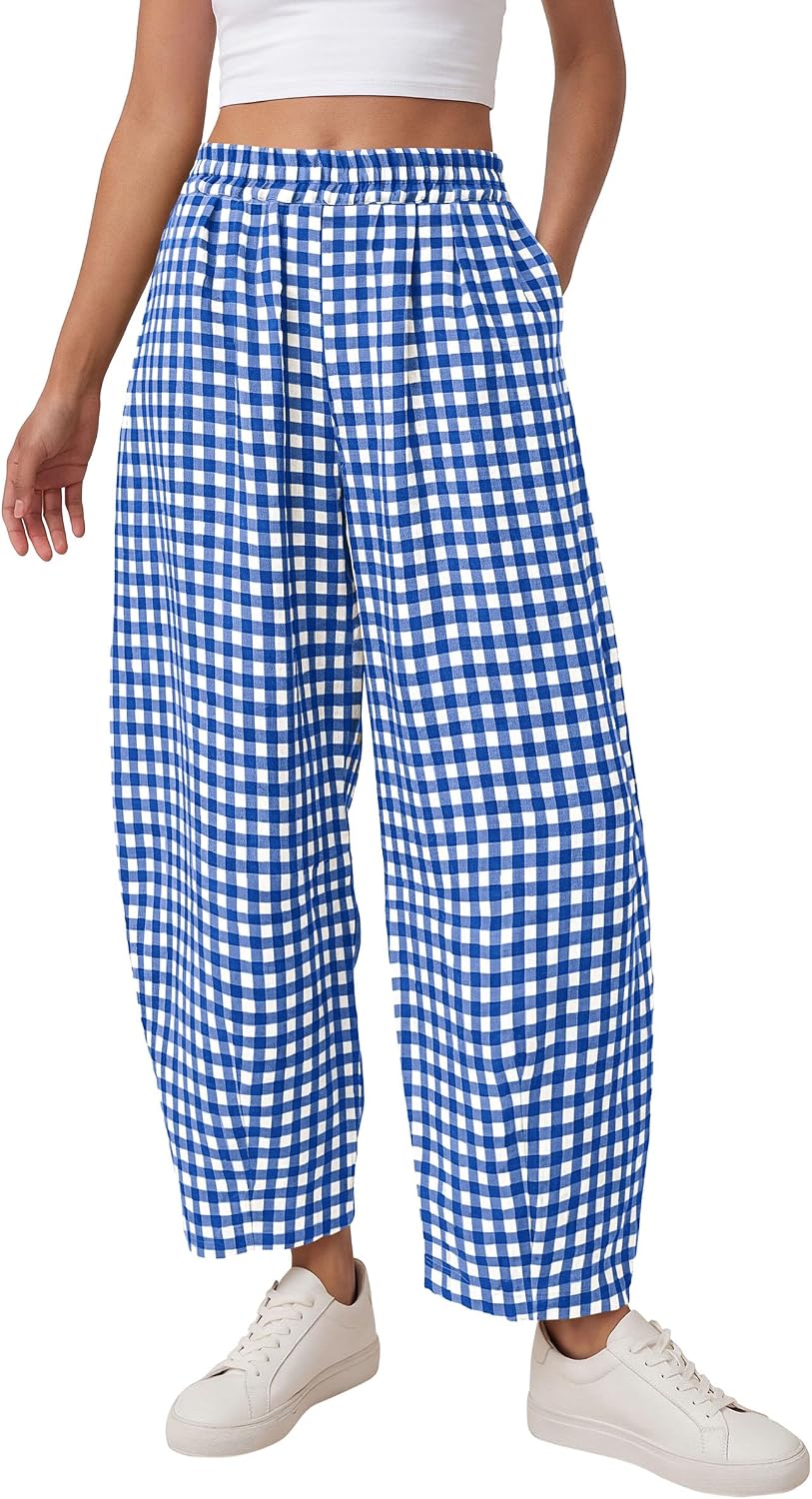 Plaid Barrel Pants Women Summer 2026 Casual Loose Wide Leg Lounge Gingham Trousers Spring Fashion Beach Bottoms