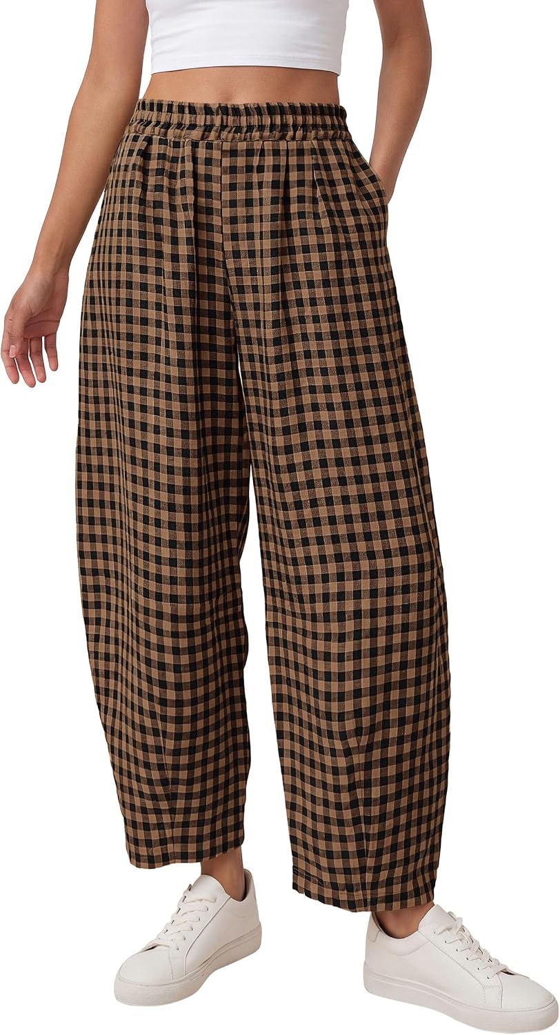 Plaid Barrel Pants Women Summer 2026 Casual Loose Wide Leg Lounge Gingham Trousers Spring Fashion Beach Bottoms