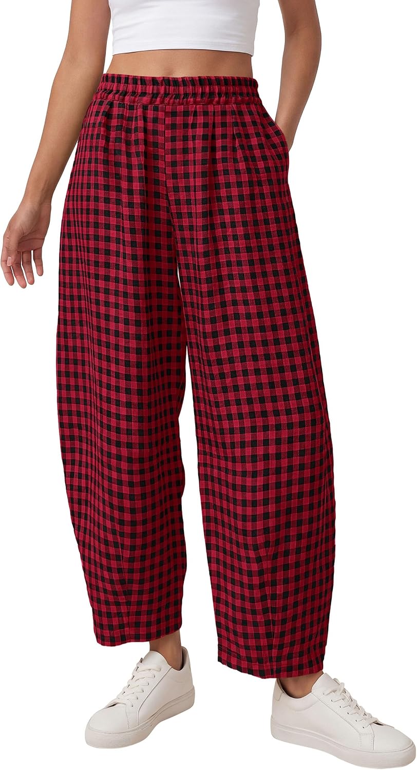 Plaid Barrel Pants Women Summer 2026 Casual Loose Wide Leg Lounge Gingham Trousers Spring Fashion Beach Bottoms