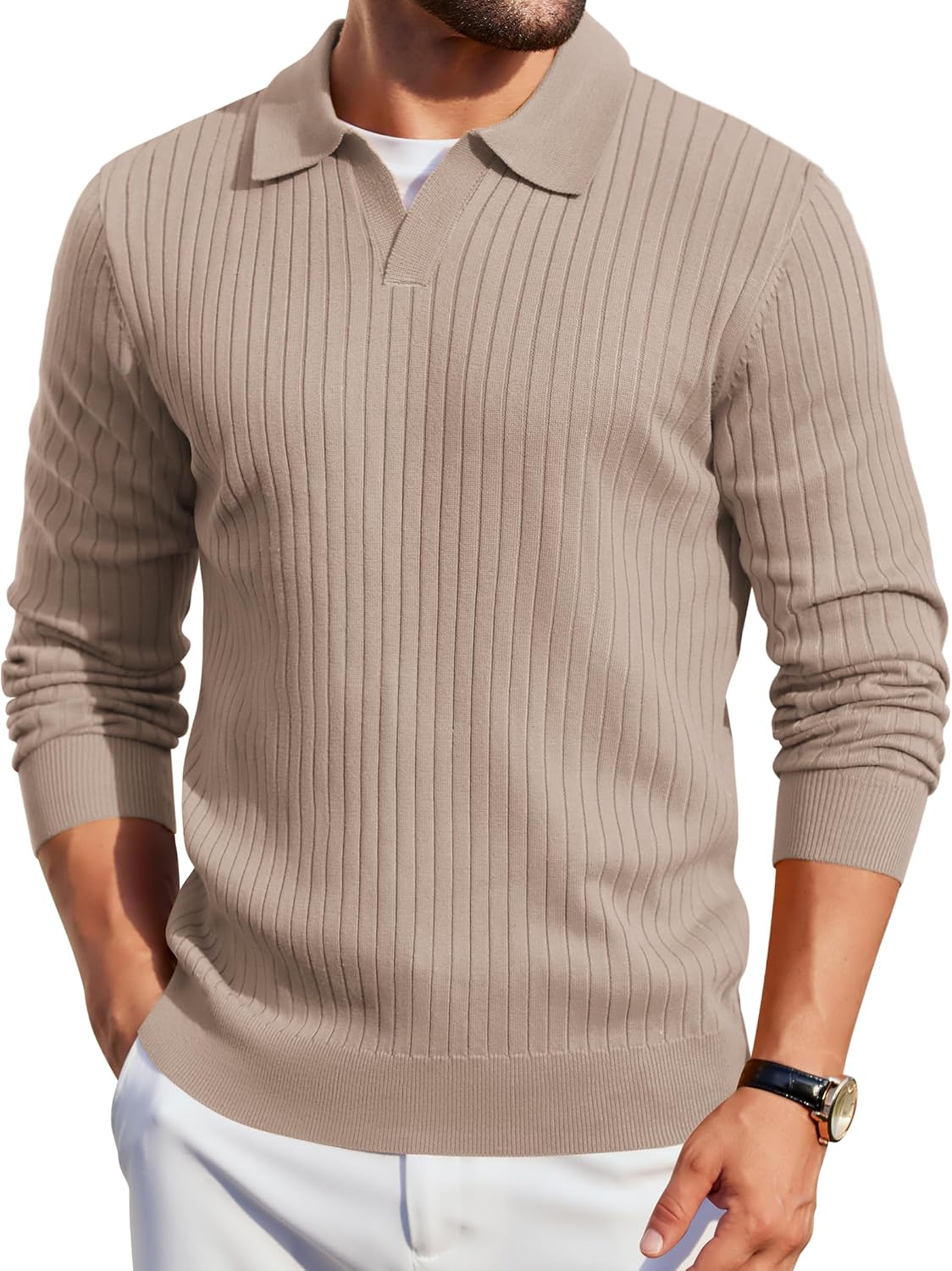 Mens Knit Polos Long Sleeve Casual Sweater Polos V Neck Collared Sweater Golf Polo Sweaters and Pullovers
