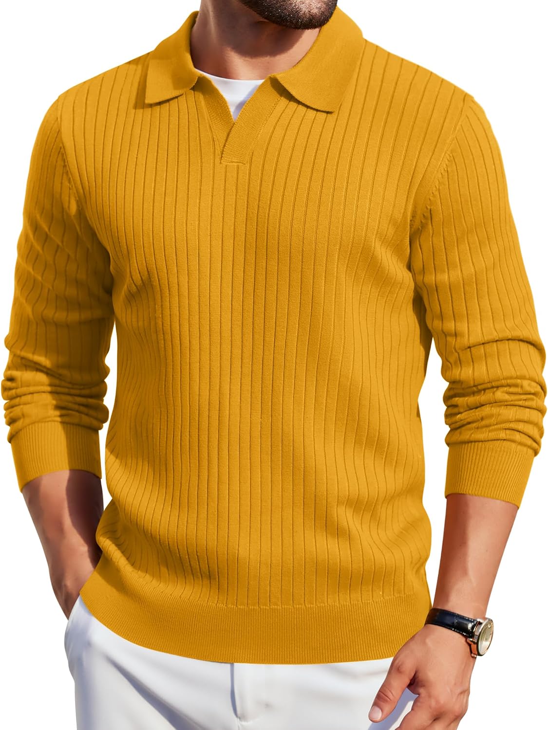 Mens Knit Polos Long Sleeve Casual Sweater Polos V Neck Collared Sweater Golf Polo Sweaters and Pullovers