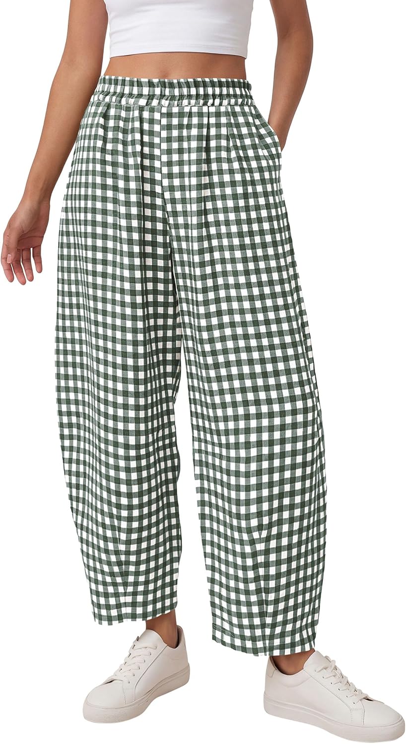 Plaid Barrel Pants Women Summer 2026 Casual Loose Wide Leg Lounge Gingham Trousers Spring Fashion Beach Bottoms