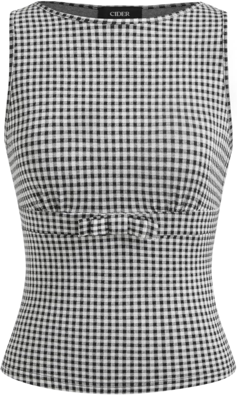 Gingham Tops for Women Plaid Going Out Tops Sleeveless Cute Tank Bow Summer Shirt