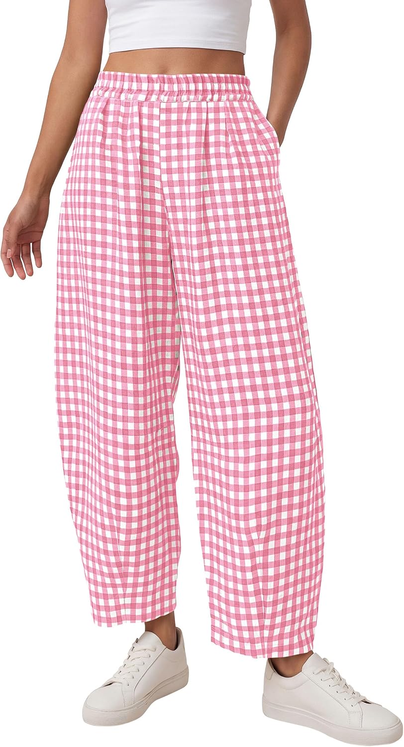 Plaid Barrel Pants Women Summer 2026 Casual Loose Wide Leg Lounge Gingham Trousers Spring Fashion Beach Bottoms