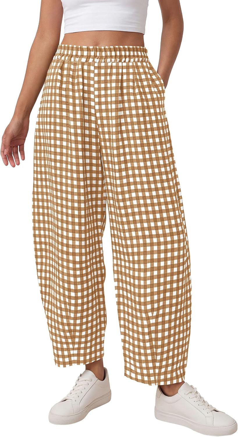 Plaid Barrel Pants Women Summer 2026 Casual Loose Wide Leg Lounge Gingham Trousers Spring Fashion Beach Bottoms