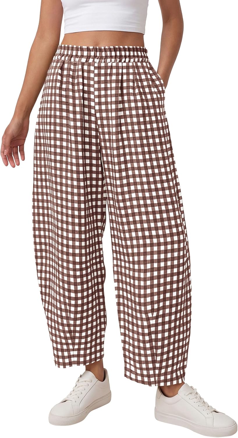 Plaid Barrel Pants Women Summer 2026 Casual Loose Wide Leg Lounge Gingham Trousers Spring Fashion Beach Bottoms