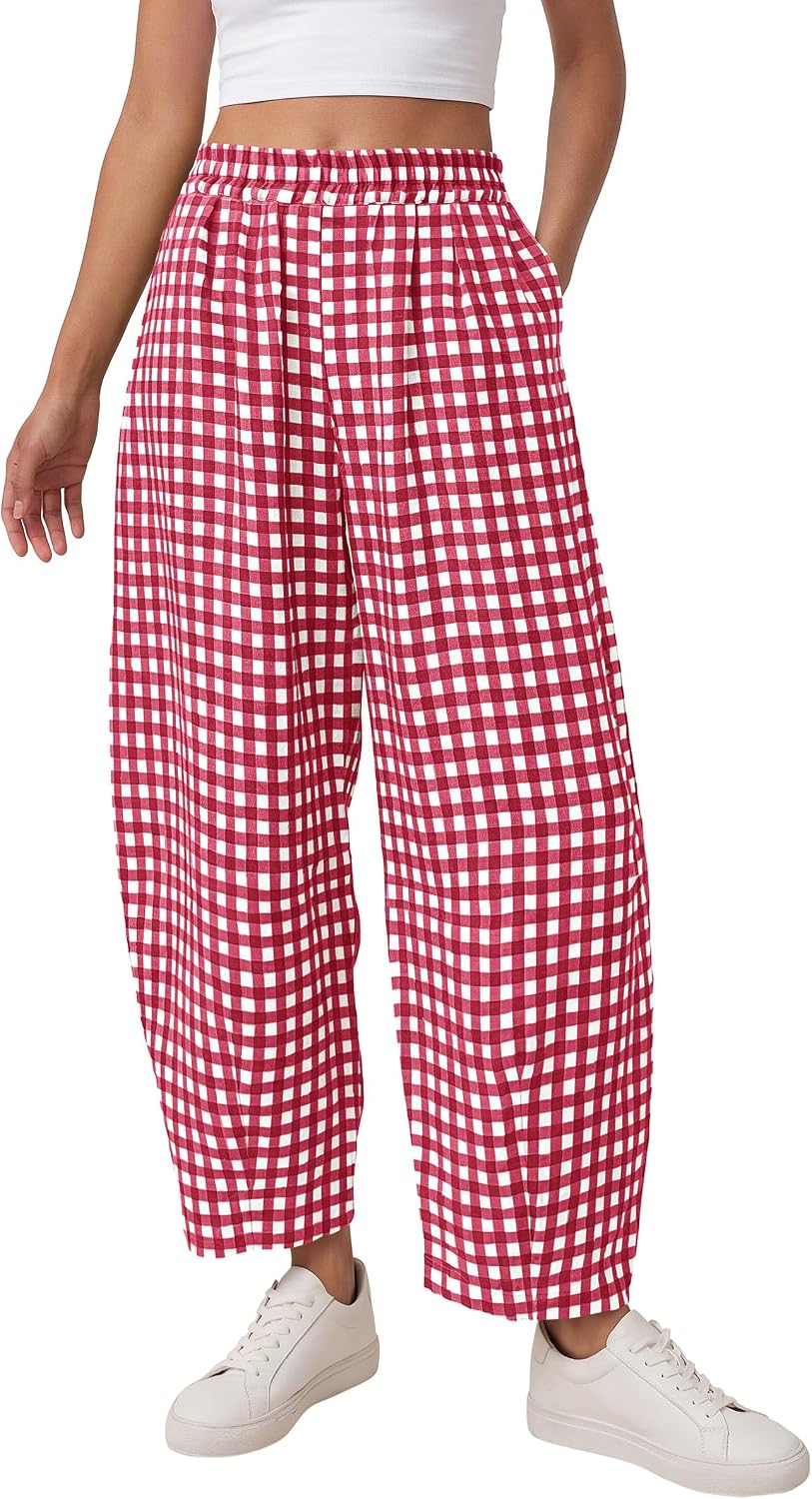 Plaid Barrel Pants Women Summer 2026 Casual Loose Wide Leg Lounge Gingham Trousers Spring Fashion Beach Bottoms