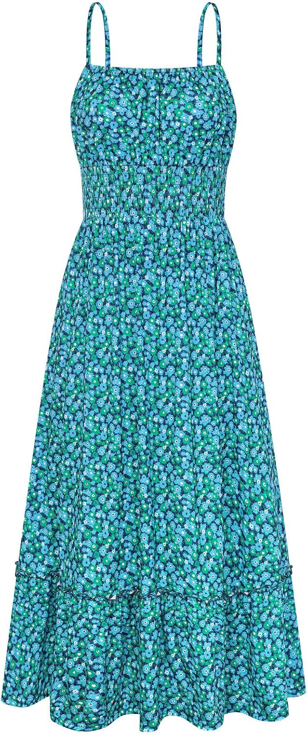 Summer Dresses for Women 2026 Vacation,Smocked Floral Maxi Dress,Boho Beach Sundress with Pocket Fashion Clothing