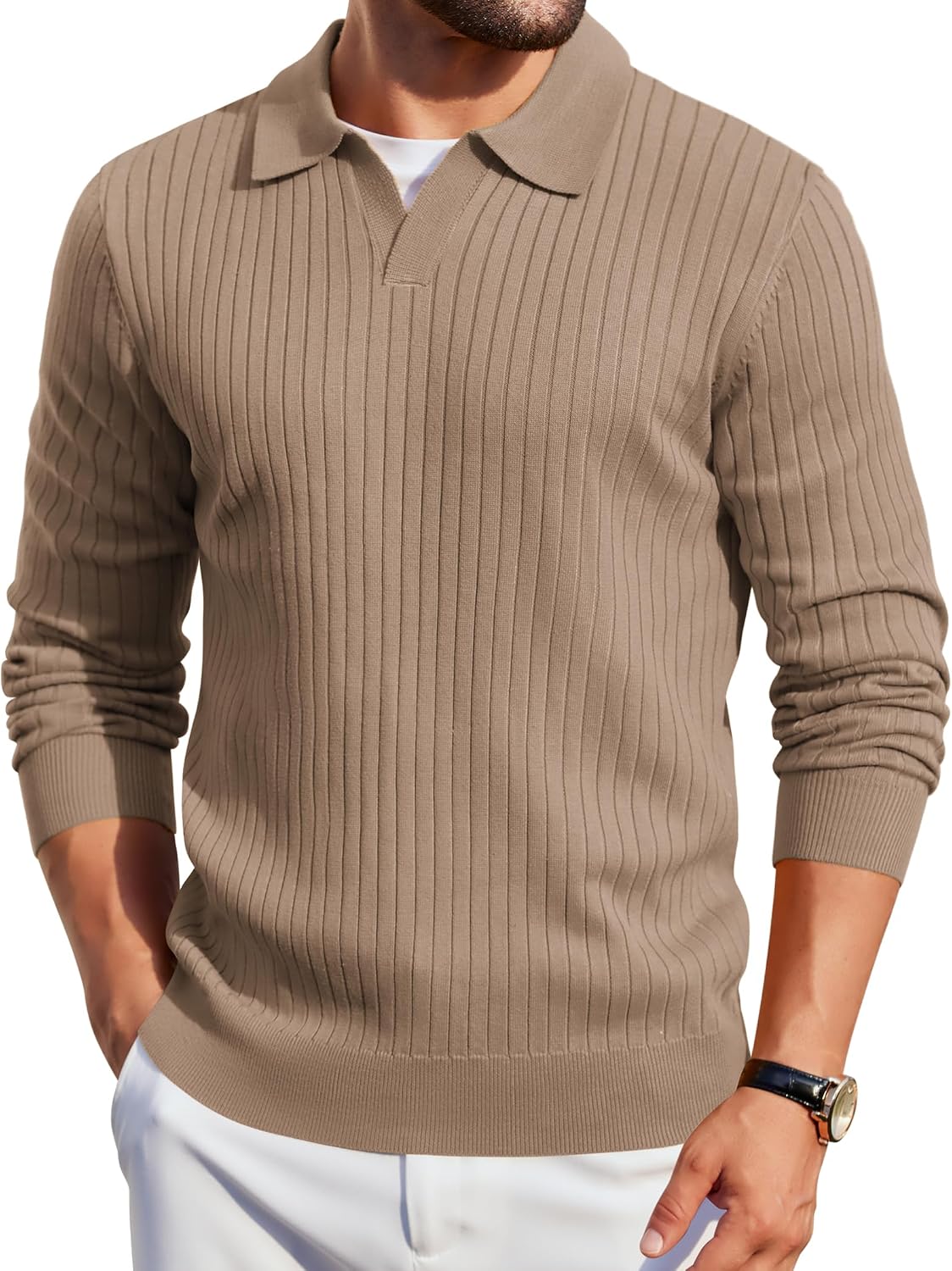 Mens Knit Polos Long Sleeve Casual Sweater Polos V Neck Collared Sweater Golf Polo Sweaters and Pullovers